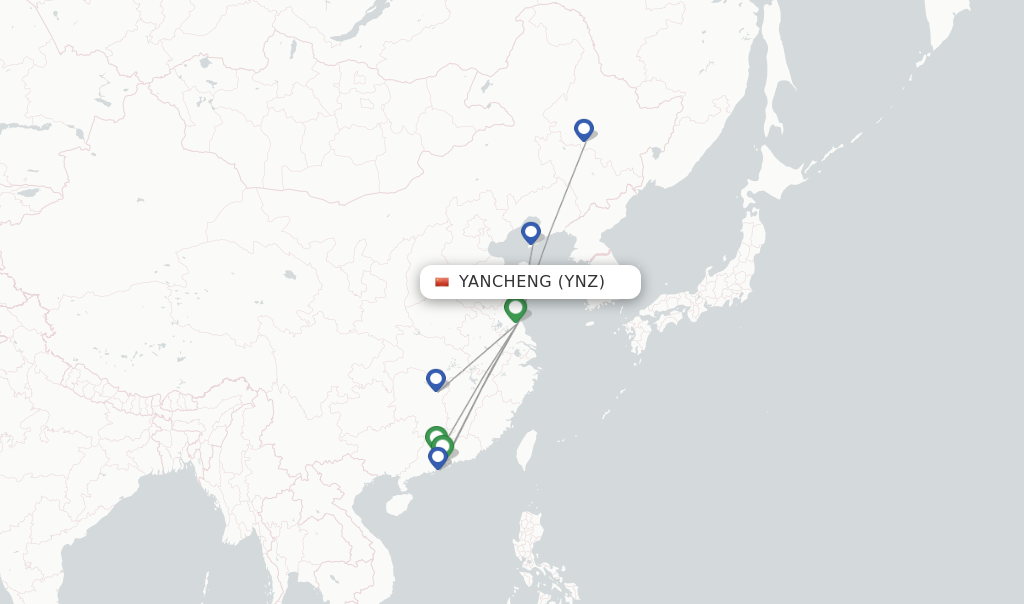 Route map with flights from Yancheng with China Southern