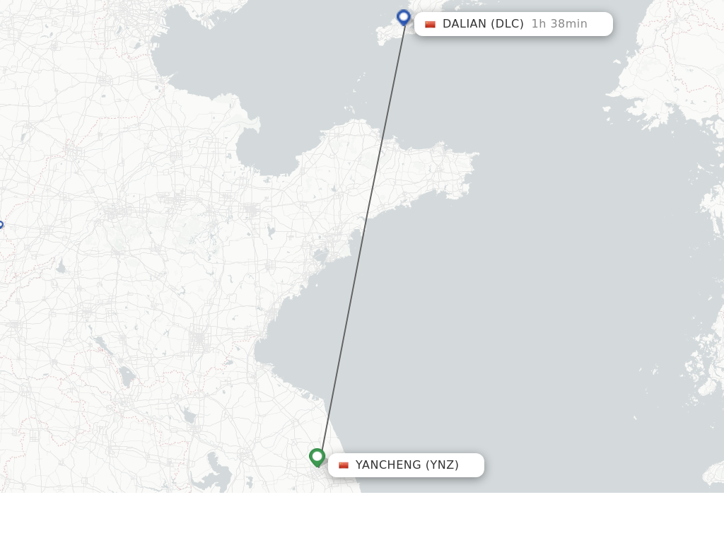 Flights from Yancheng to Dalian route map