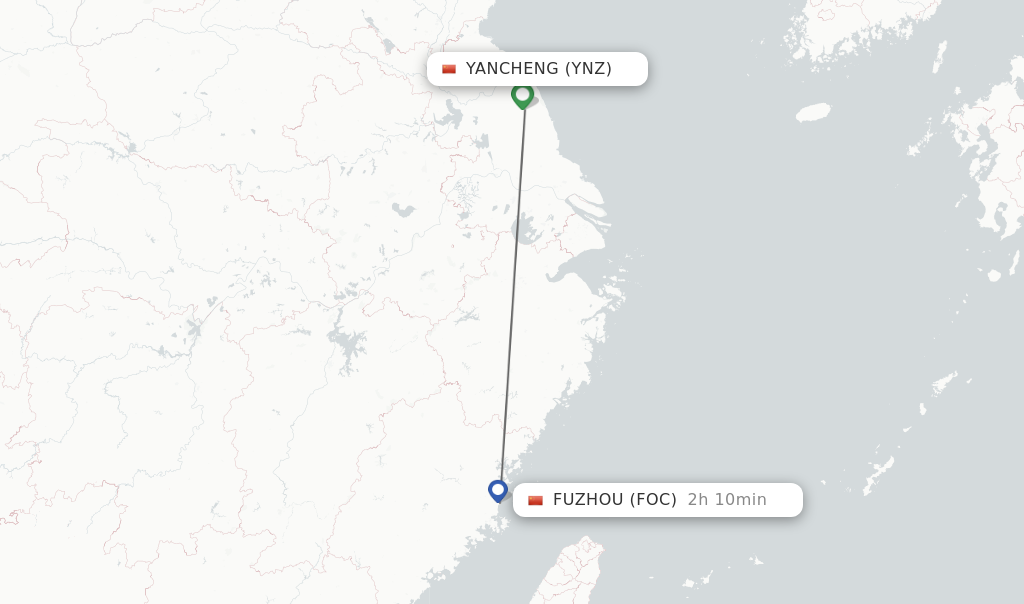 Flights from Yancheng to Fuzhou route map