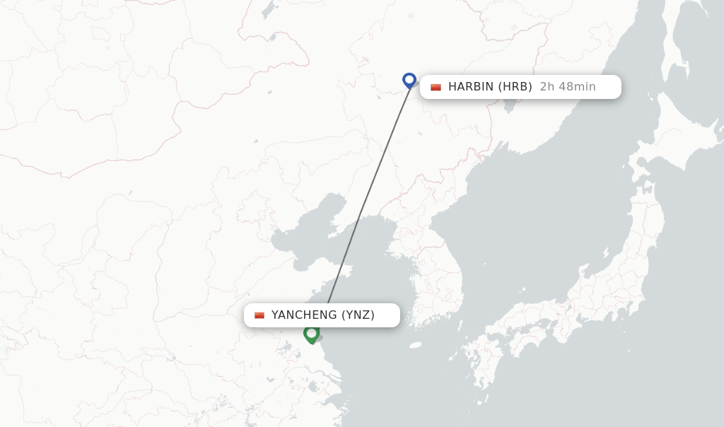 Flights from Yancheng to Harbin route map