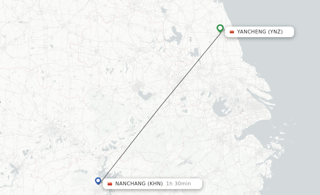 Flights from Yancheng to Nanchang route map