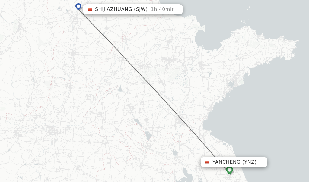 Flights from Yancheng to Shijiazhuang route map