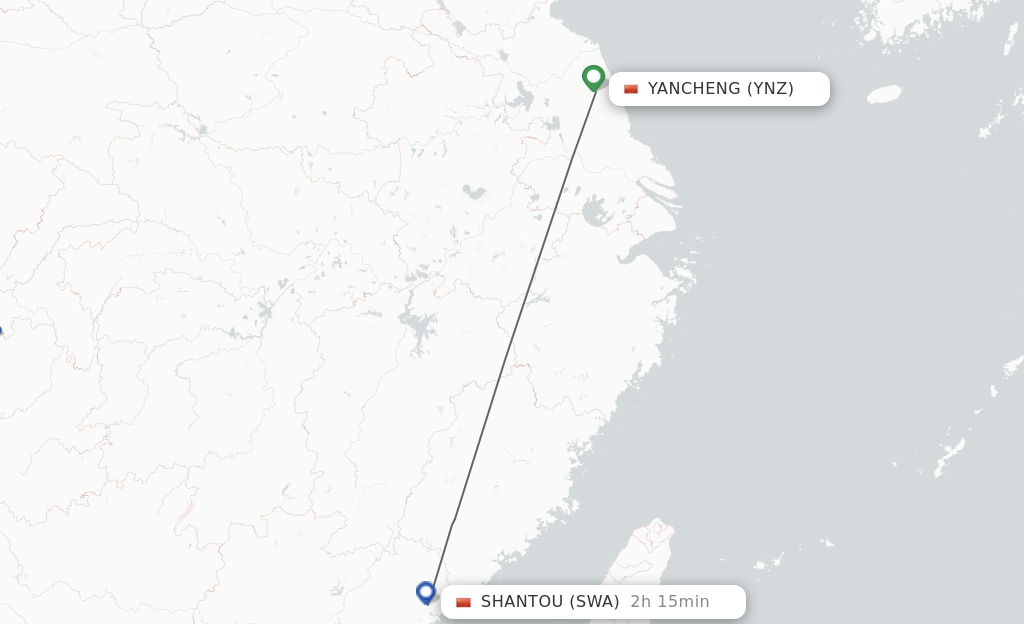 Flights from Yancheng to Jieyang route map