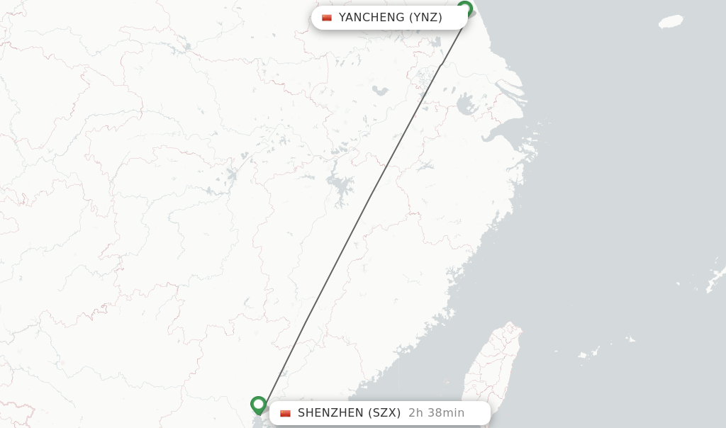 Flights from Yancheng to Shenzhen route map