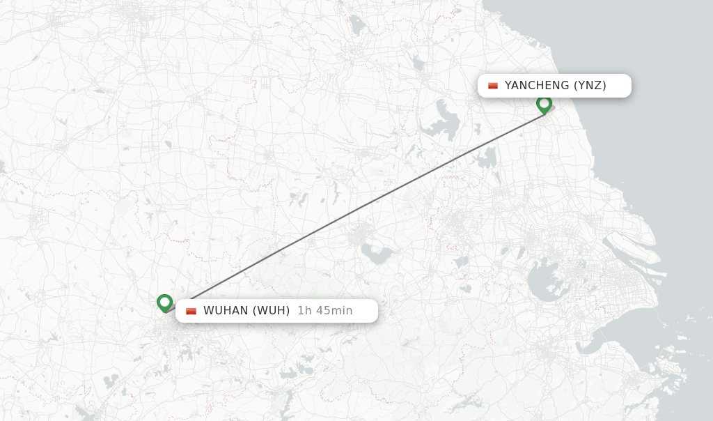 Flights from Yancheng to Wuhan route map