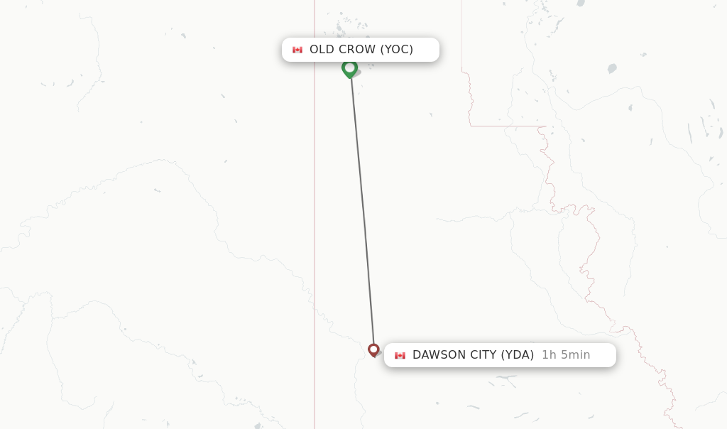 Flights from Old Crow to Dawson City route map