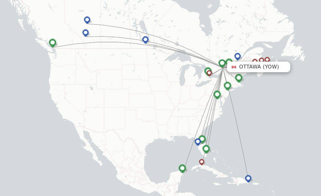 Route map with flights from Ottawa with Air Canada