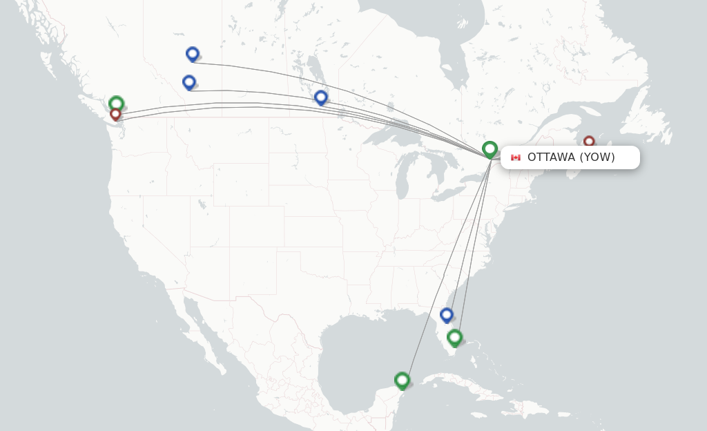 Route map with flights from Ottawa with Flair Airlines