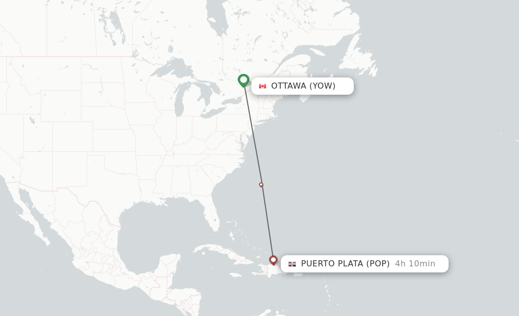 Flights from Ottawa to Puerto Plata route map