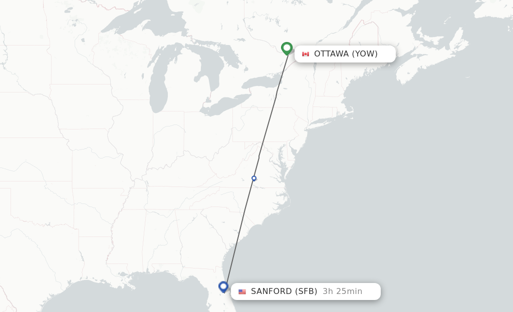 Flights from Ottawa to Orlando route map