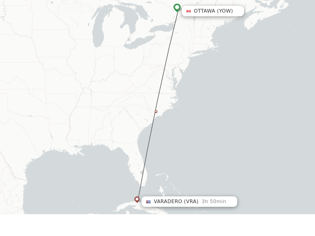 Flights from Ottawa to Varadero route map