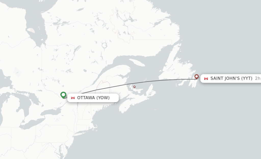 Flights from Ottawa to St. John's route map