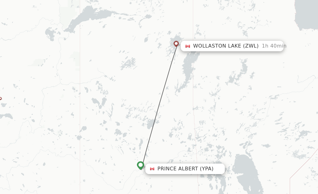 Flights from Prince Albert to Wollaston Lake route map