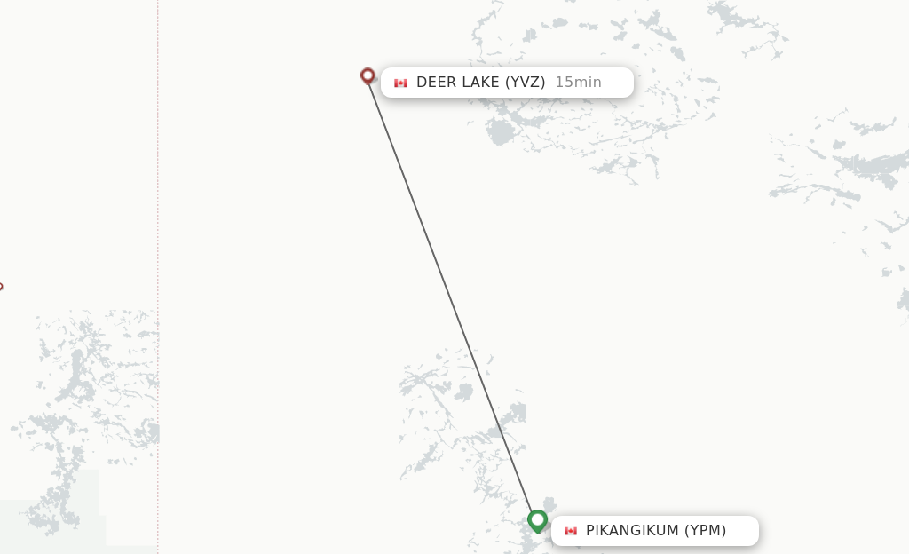 Flights from Pikangikum to Deer Lake route map