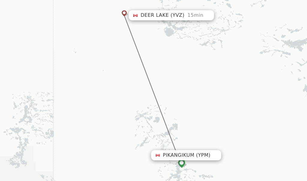 Flights from Pikangikum to Deer Lake route map