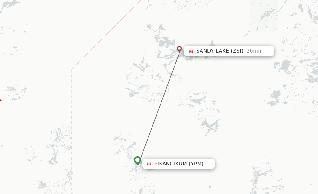 Flights from Pikangikum to Sandy Lake route map