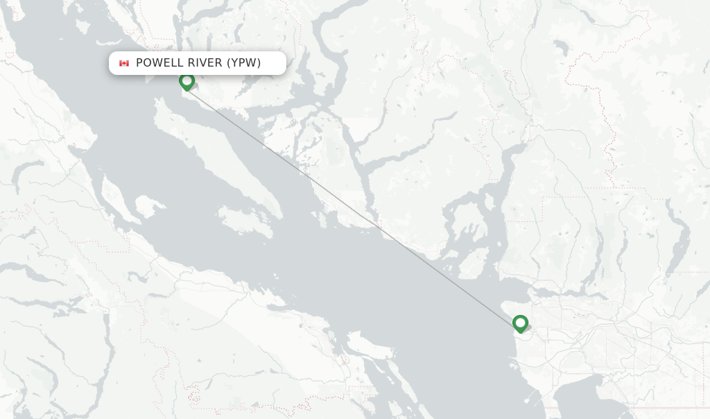 Route map with flights from Powell River with Pacific Coastal Airlines