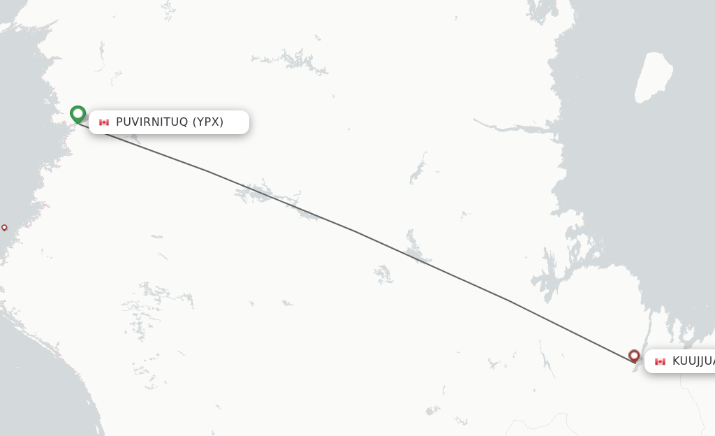 Flights from Povungnituk to Kuujjuaq route map
