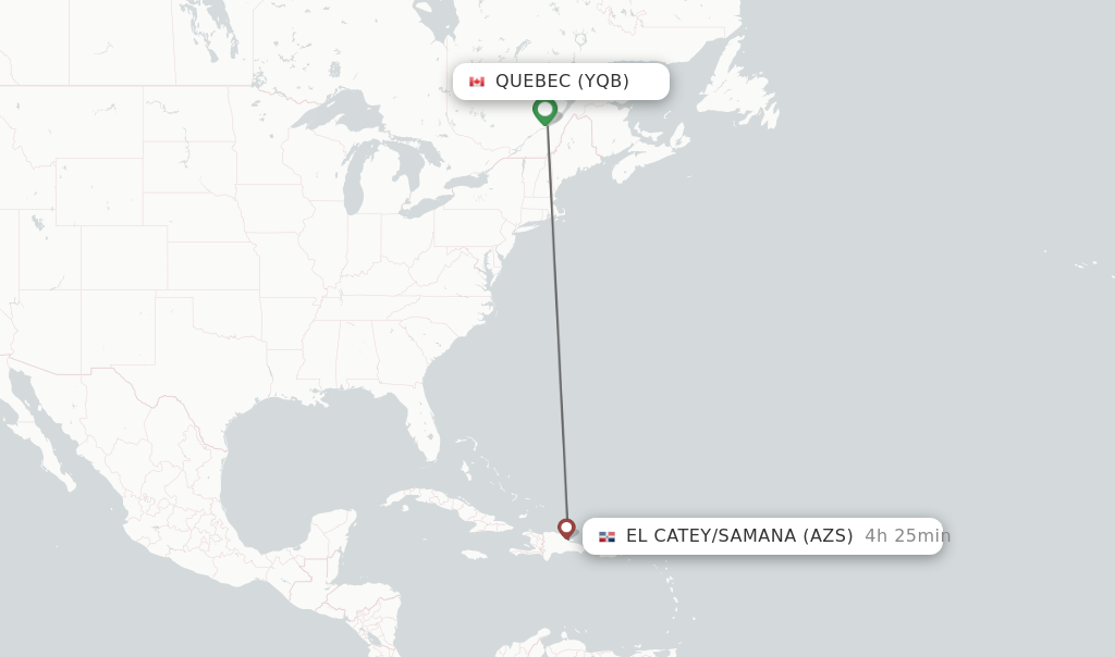 Flights from Quebec to El Catey/Samana route map