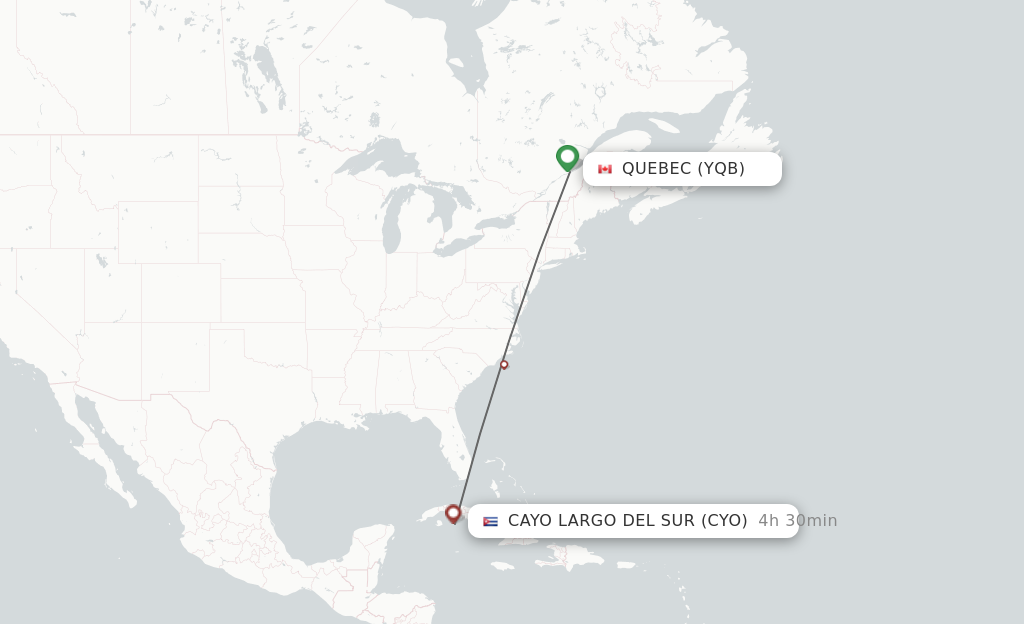 Flights from Quebec to Cayo Largo Del Sur route map