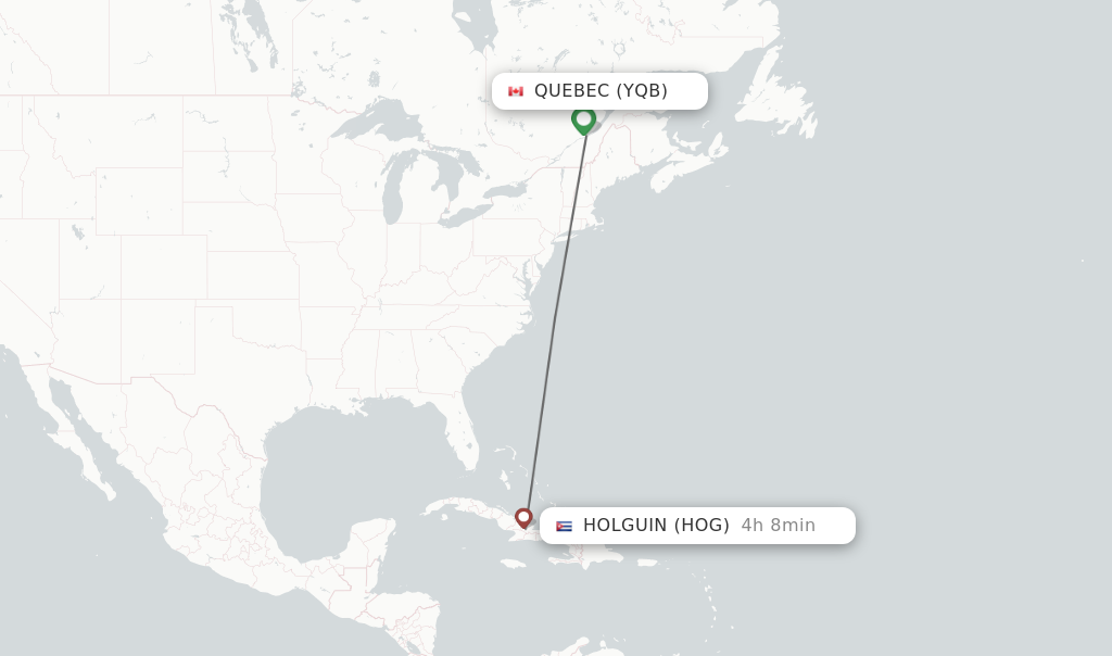 Flights from Quebec to Holguin route map