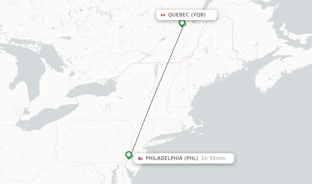 Flights from Quebec to Philadelphia route map