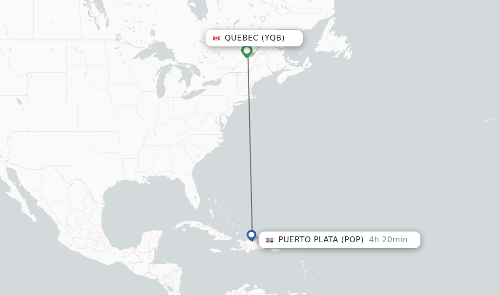 Flights from Quebec to Puerto Plata route map