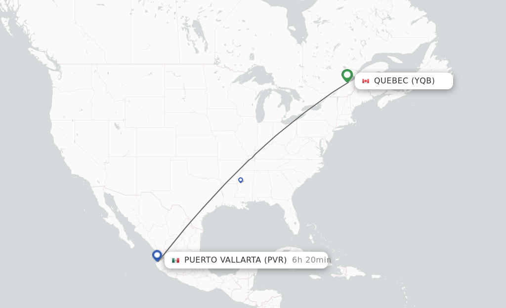 Flights from Quebec to Puerto Vallarta route map