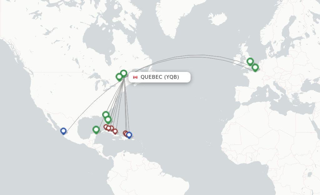 Route map with flights from Quebec with Air Transat