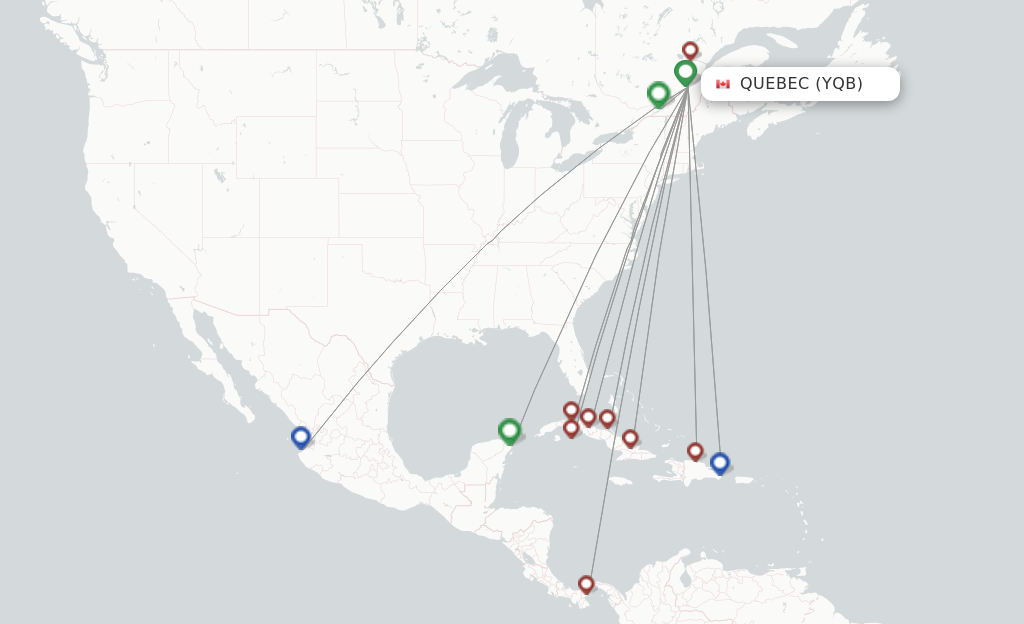 Route map with flights from Quebec with Sunwing Airlines