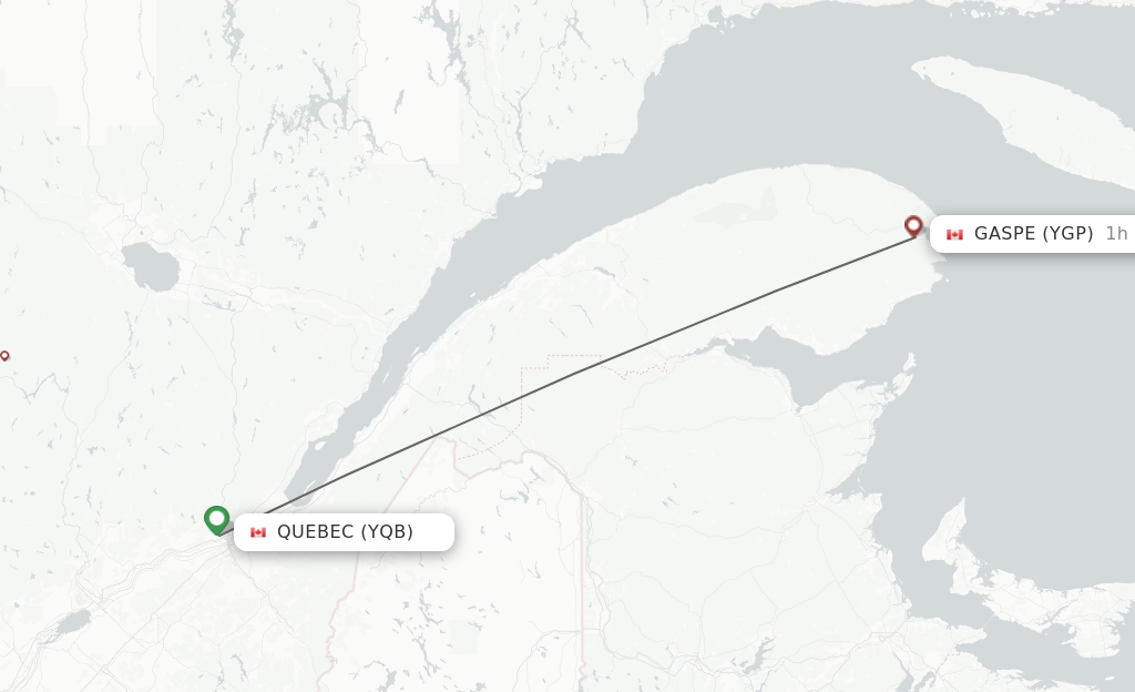 Flights from Quebec to Gaspe route map