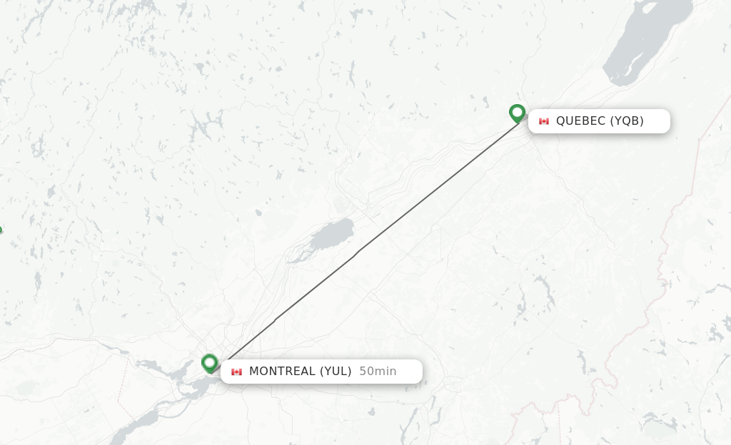 Flights from Quebec to Montreal route map