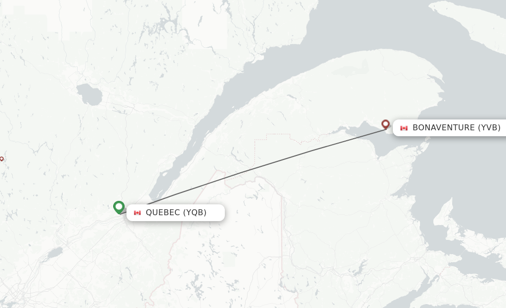 Flights from Quebec to Bonaventure route map