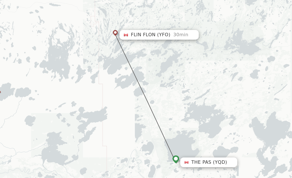 Flights from The Pas to Flin Flon route map
