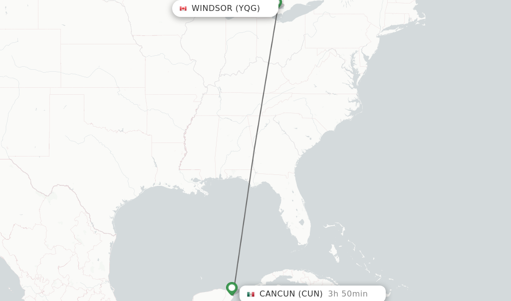 Flights from Windsor to Cancun route map