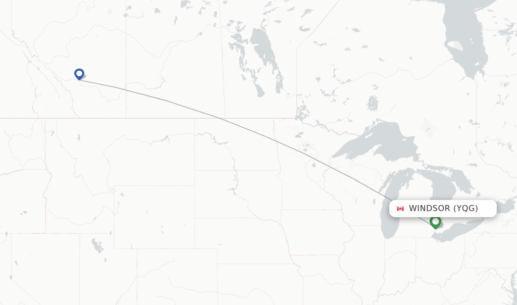 Route map with flights from Windsor with WestJet