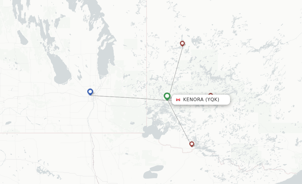 Route map with flights from Kenora with Bearskin Airlines