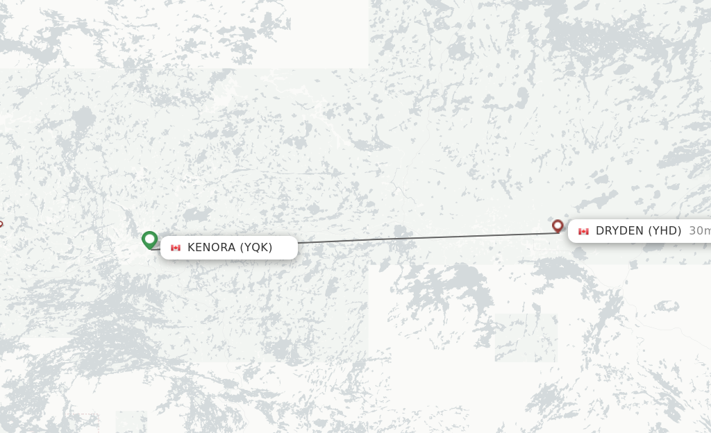 Flights from Kenora to Dryden route map