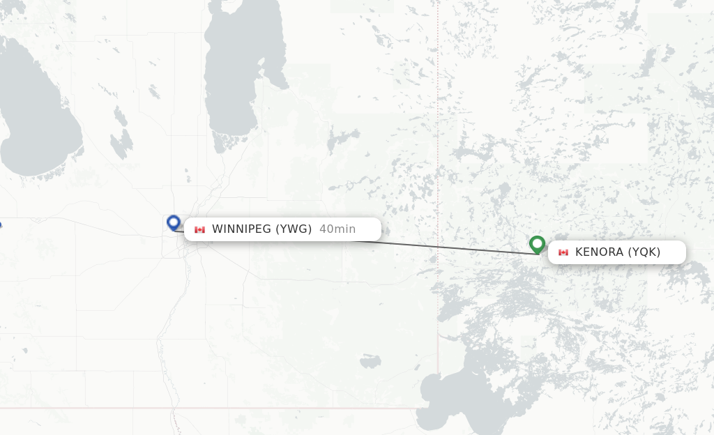 Flights from Kenora to Winnipeg route map