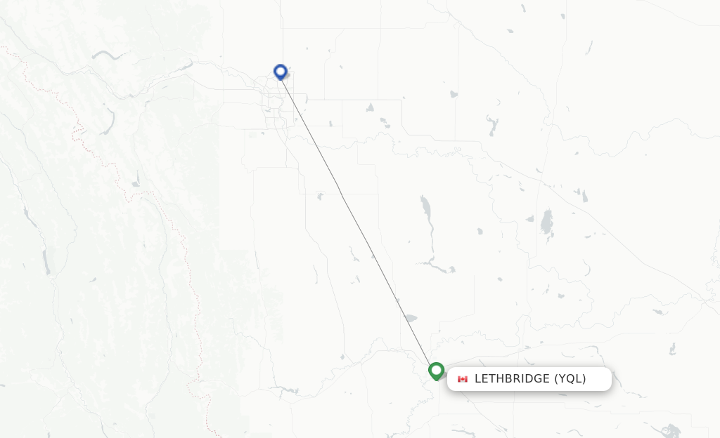 Route map with flights from Lethbridge with WestJet
