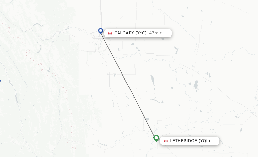 Flights from Lethbridge to Calgary route map