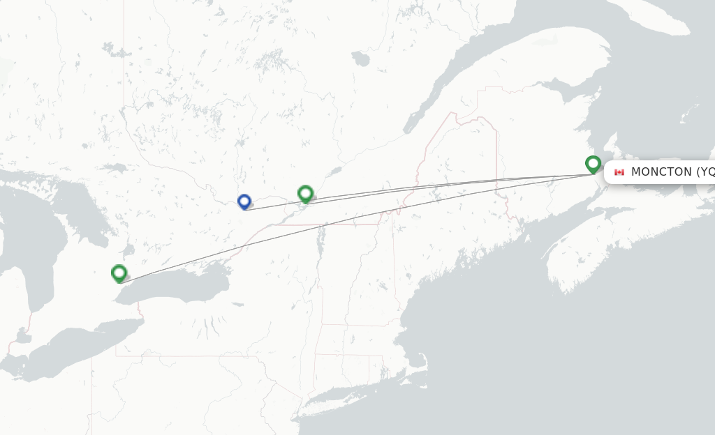 Route map with flights from Moncton with Air Canada