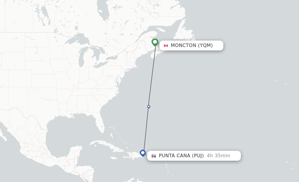 Flights from Moncton to Punta Cana route map