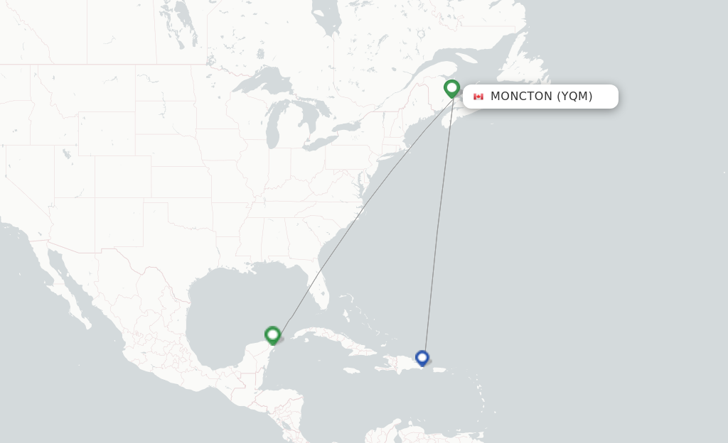 Route map with flights from Moncton with Air Transat