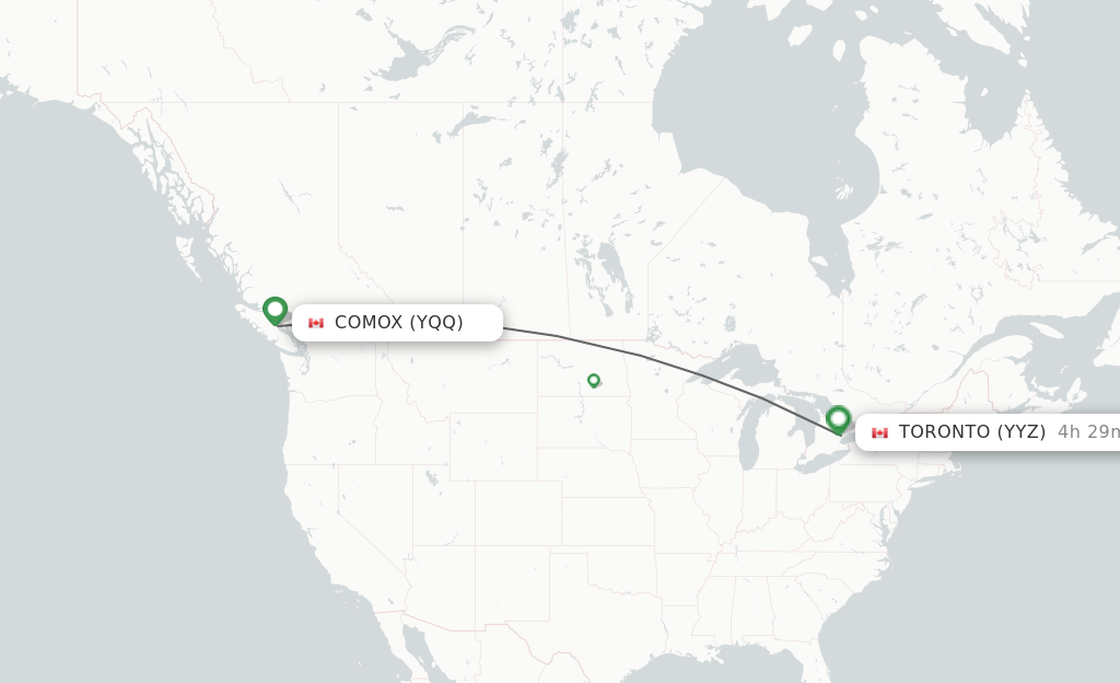 Flights from Comox to Toronto route map
