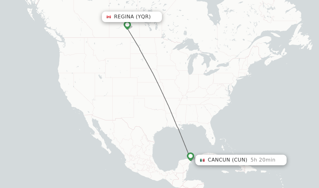 Flights from Regina to Cancun route map
