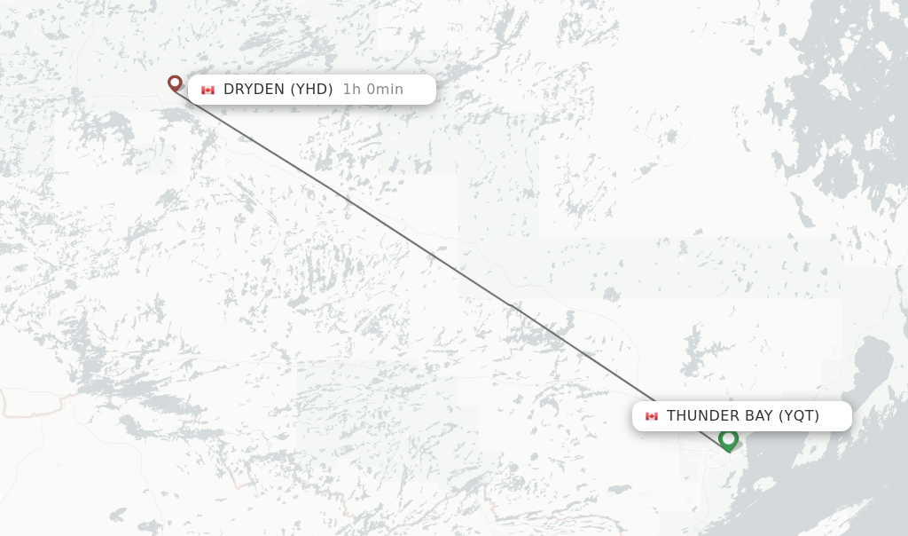 Flights from Thunder Bay to Dryden route map