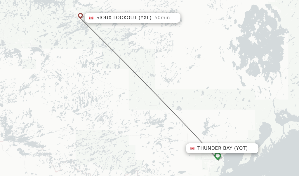 Flights from Thunder Bay to Sioux Lookout route map
