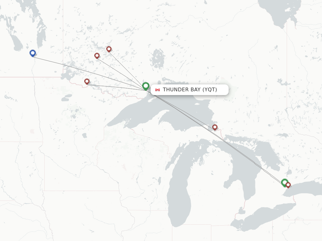 Flights from Thunder Bay to Kenora route map