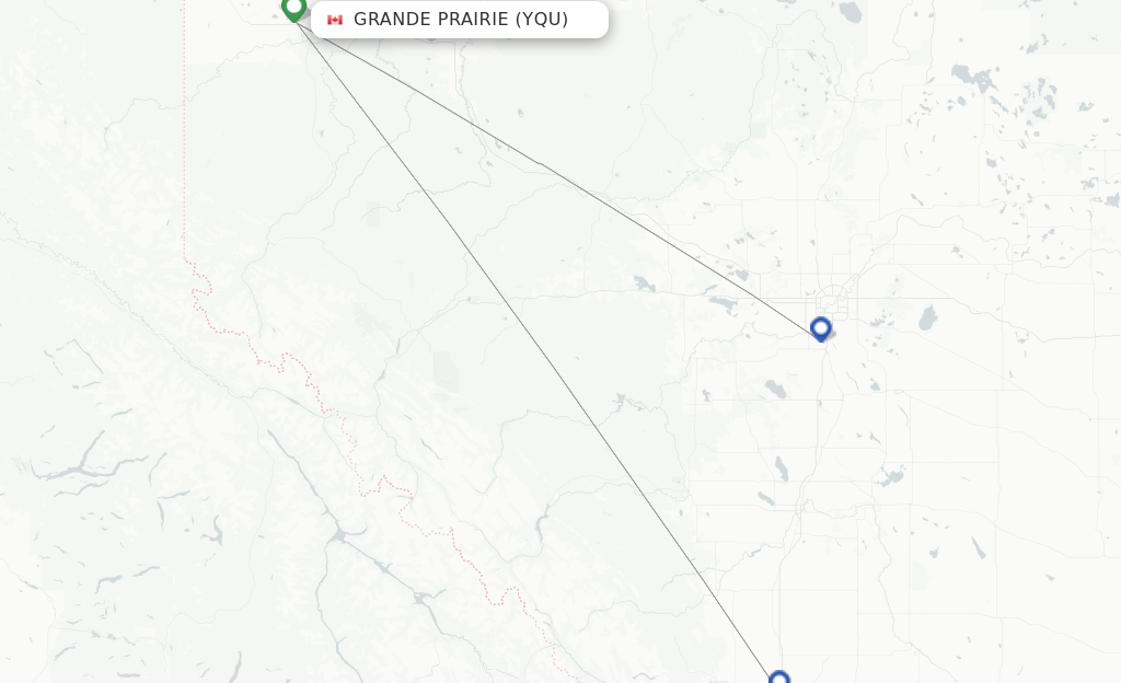 Route map with flights from Grande Prairie with WestJet